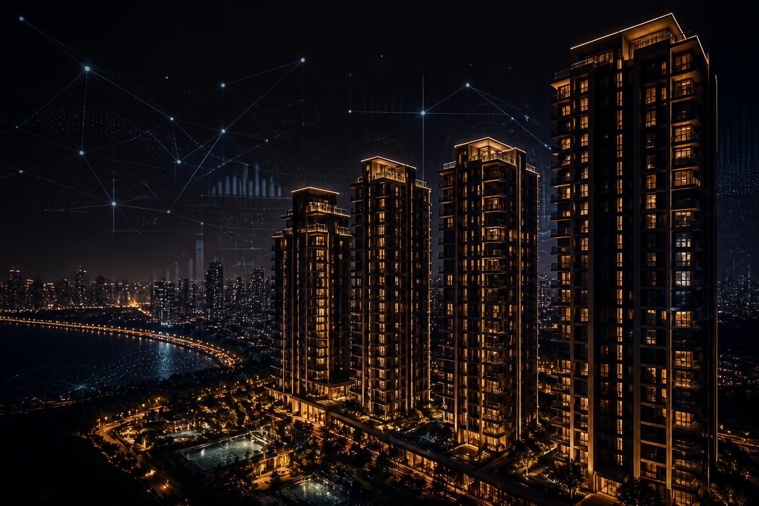 Luxury residential towers at night overlaid with an AI data network